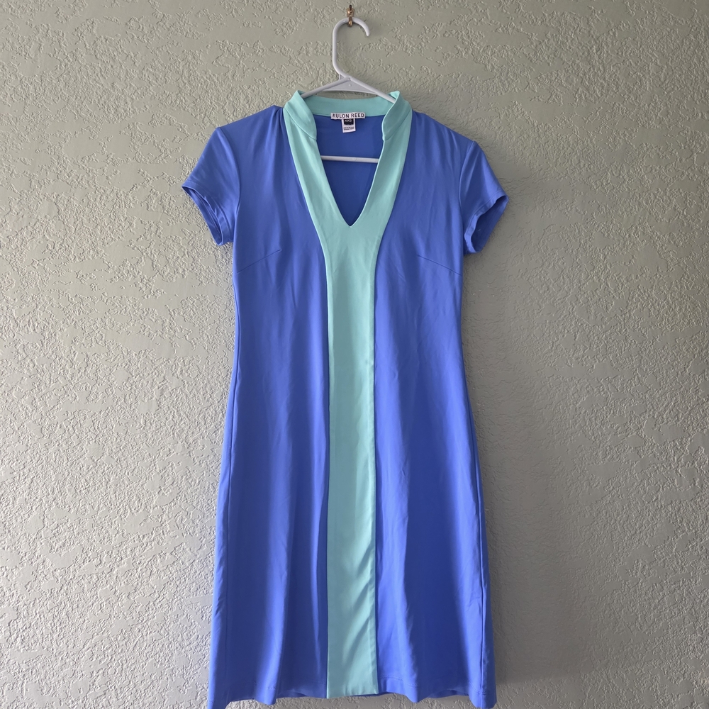 Blue and Green V-Neck Sheath Midi Dress